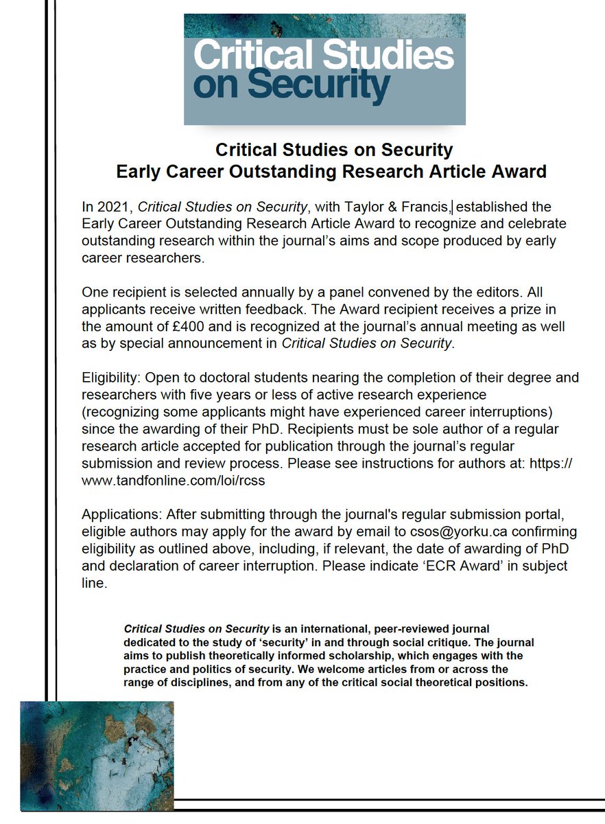 Do you have a sole author research article accepted by #CSOS? Then the time has come to apply for the:

✨Early Career Outstanding Research Article Award✨

Tell your friends🏆

#acwri #phd #ecr #critical #security #csosjournal #csosyorku