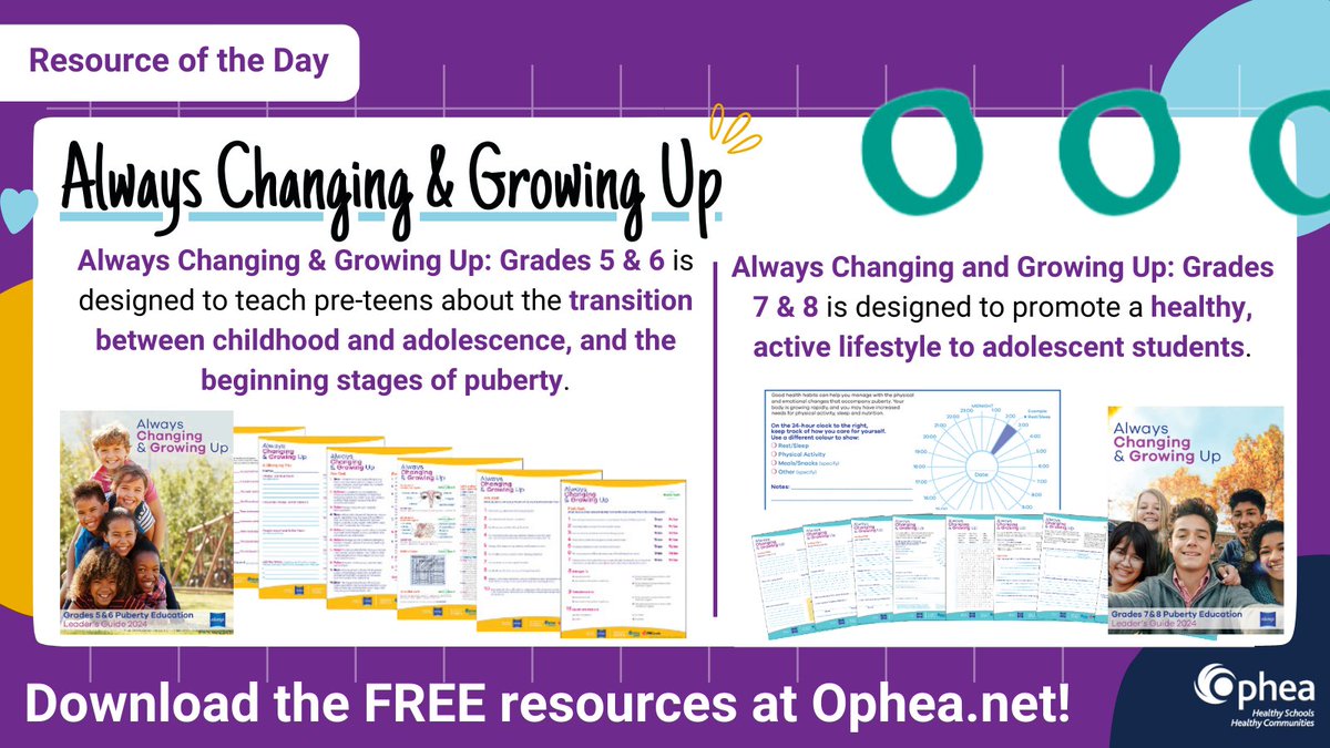 opheacanada's tweet photo. ๐ #ROTD: #AlwaysChangingAndGrowingUp! Discover resources for Gr. 5-8 to support teaching adolescent growth, personal hygiene, & healthy, active living! The #AlwaysChanging resource suite is reviewed and endorsed by Ophea. Download your #FREE materials: https://t.co/we3q2RZah8 https://t.co/KFgkAQsAeM