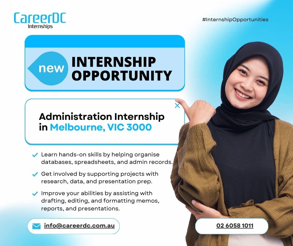 Are you an admin student seeking a Melbourne internship? Gain hands-on experience with a prestigious global company, with offices in Australia, NZ, and Hong Kong! 🌏✨

Submit your resume to 📧 info@careerdc.com.au

#internship #careerdc #internshipopportunity #studyinaustralia