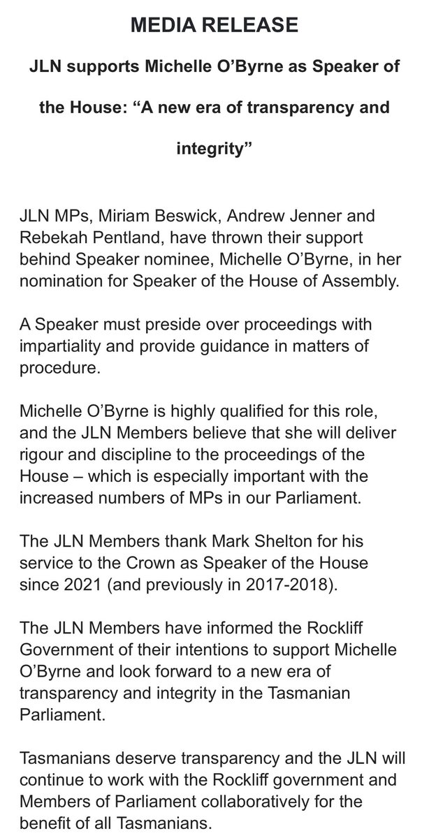 JLN MPs will back Michelle O’Byrne for speaker. Between Labor, the Greens, the JLN, and David O’Byrne, that’s 19 votes. #politas