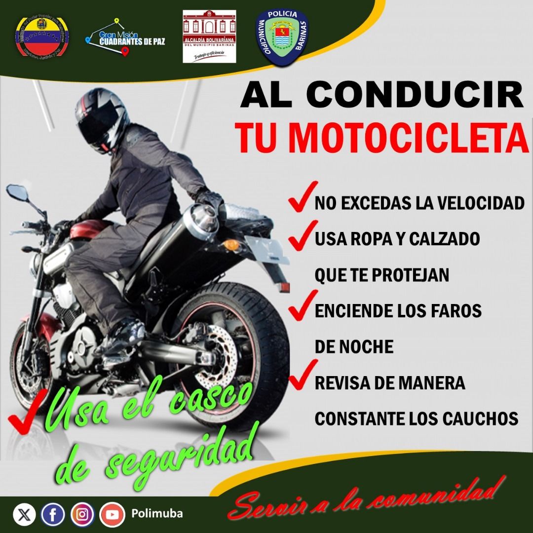 #CogeDato | La Policía del Municipio #Barinas te recuerda tomar las medidas de seguridad vial cuando conduzcas tu motocicleta. No te conviertas en una estadística fatal. La seguridad es tarea de todos #5SeñasDelPueblo @Visipol_MIJP @AlcaldiaBnas