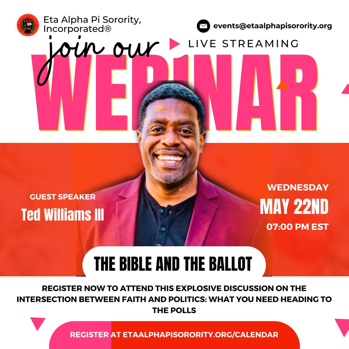 📖🗳️ Join us as we dive into the fiery clash between faith and politics as we challenge conventional beliefs and stir the pot of societal impact.

#EtaAlphaPi2015 #TheBibleBasedSorority #noncollegiategreeks #sorority #FaithOrPolitics #WebinarShowdown #ChallengeTheNorm #DareToJoin