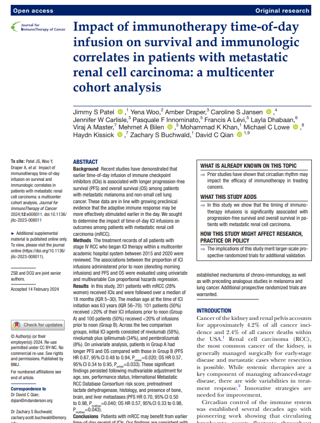 Out in @jitcancer A multi-center study on the timing of IO infusion and efficacy ⌚️⌚️ ☑️201 patients with mRCC ☑️Better OS and PFS with IO infusions before noon 🌞🌞 ☑️Support studies in melanoma and NSCLC ➕➕ 🔎Could be preferable in daily practice until further evidence…