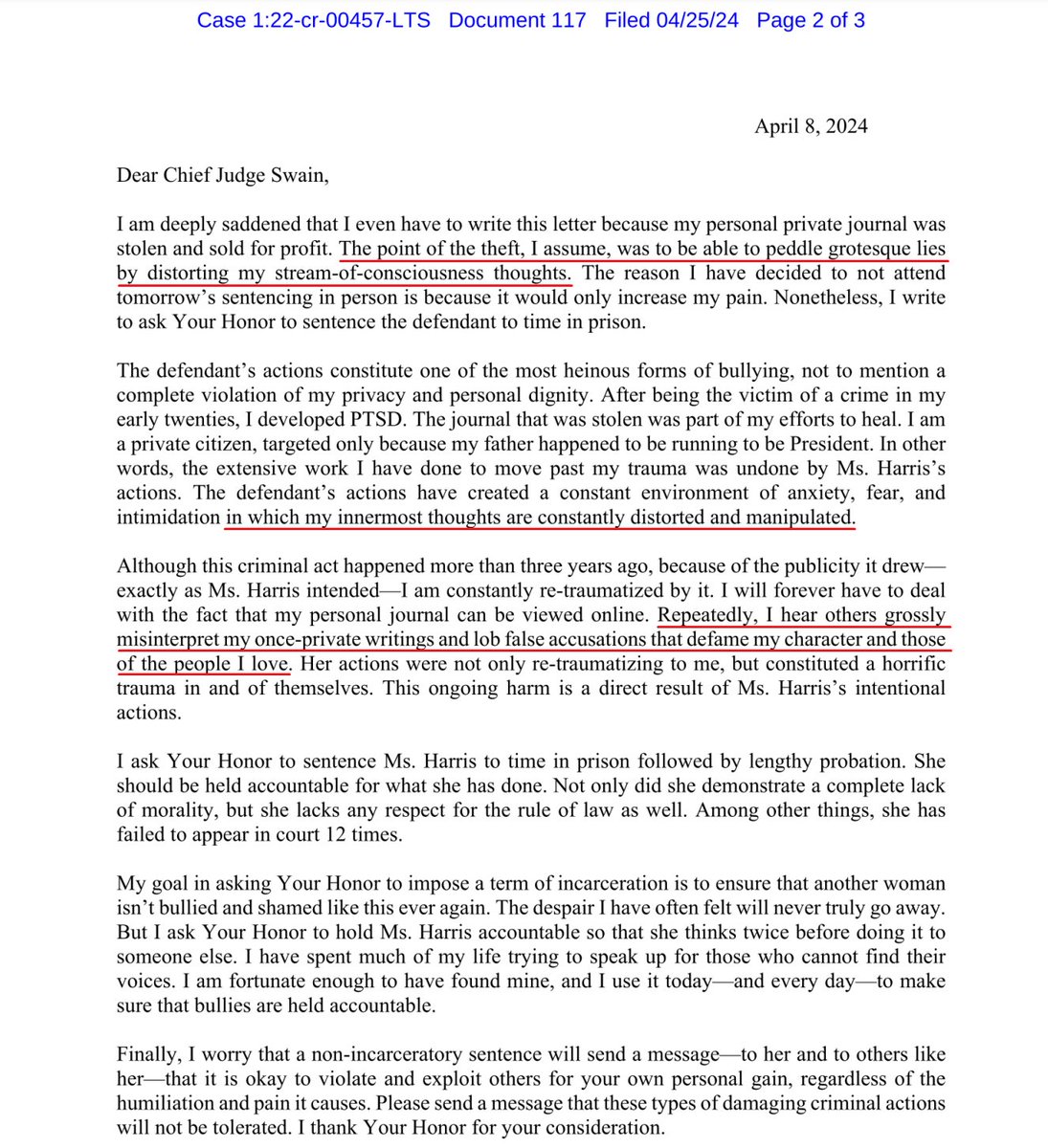 For any confused by the newest vile, creepy, telling-on-yourself lies by men whose orange god openly lusts after his own daughter, Ashley Biden has repeatedly said—including in court filings, as below—that the MAGA thugs who conspired to steal and sell her diary misrepresented it