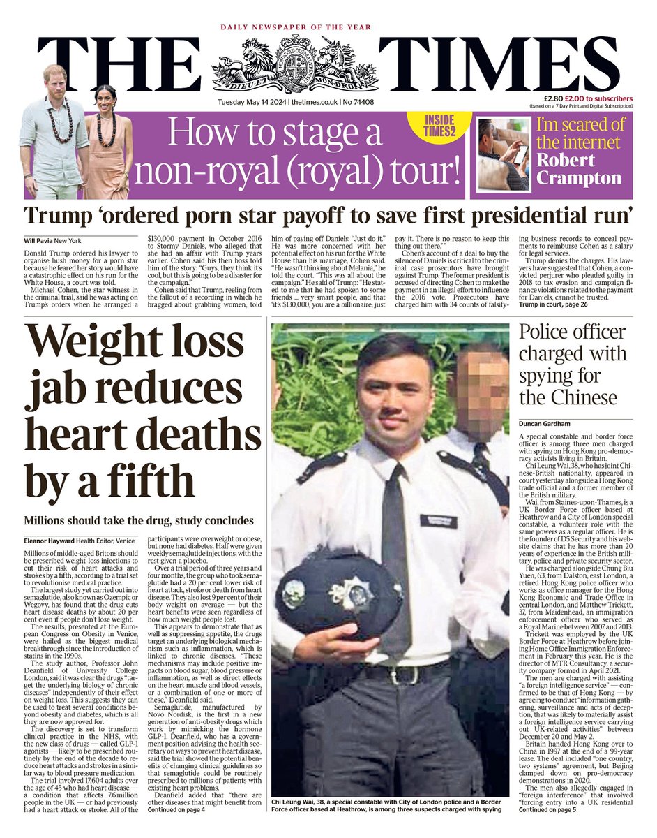 🇬🇧 Weight Loss Jab Reduces Heart Deaths By A Fifth

▫Scientists are dubbing retatrutide the ‘Godzilla’ of weight loss jabs
▫@eleanorhayward

#frontpagestoday #UK @thetimes 🇬🇧