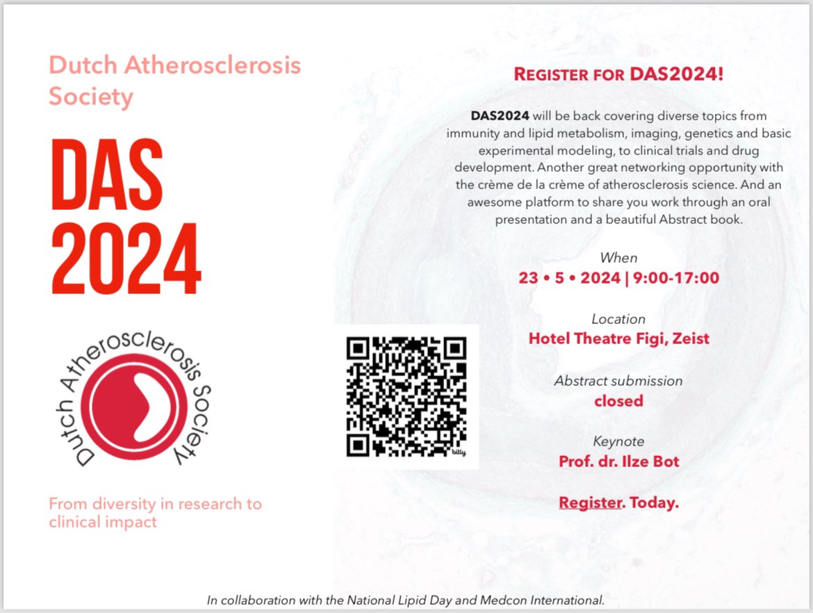Dutch Atherosclerosis Society (@atheronl) on Twitter photo Only 9 days left!
💫 DAS 2024 - 23 • 5 • 2024👩🔬👨🏽⚕️
Register today! 👉🏽 bit.ly/das2024_regist…
Check the program 👇🏽
bit.ly/das2024_program
<a href="/htfigi/">Hotel Theater Figi</a>
#DAS2024 <a href="/Menn0/">mennodewinther</a> <a href="/Rensen_Lab/">Patrick Rensen</a> @NielsPR <a href="/SluimerJudith/">Judith Sluimer</a> <a href="/j_rvl/">Jeanine RvL</a> Marit Westerterp Ilze Bot @swvanderlaan <a href="/KroonLab/">Vascular Metabolism and Inflammation Lab</a> Only 9 days left!
💫 DAS 2024 - 23 • 5 • 2024👩🔬👨🏽⚕️
Register today! 👉🏽 bit.ly/das2024_regist…
Check the program 👇🏽
bit.ly/das2024_program
<a href="/htfigi/">Hotel Theater Figi</a>
#DAS2024 <a href="/Menn0/">mennodewinther</a> <a href="/Rensen_Lab/">Patrick Rensen</a> @NielsPR <a href="/SluimerJudith/">Judith Sluimer</a> <a href="/j_rvl/">Jeanine RvL</a> Marit Westerterp Ilze Bot @swvanderlaan <a href="/KroonLab/">Vascular Metabolism and Inflammation Lab</a>