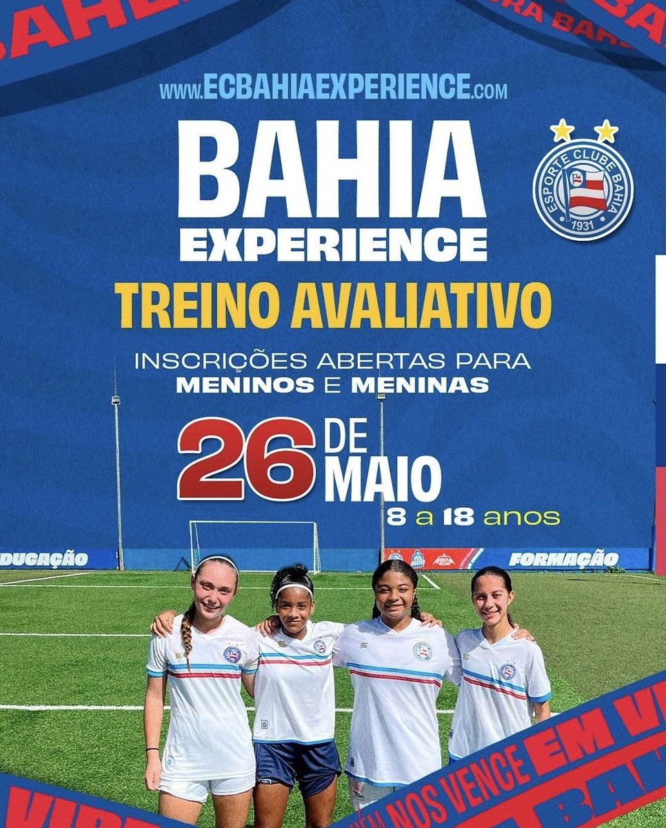 ⚽ Represente o Bahia numa competição recreativa internacional. Meninos de 8 a 18 anos. Meninas de 12 a 16. Inscreva-se na próxima seletiva em ecbahiaexperience.com #BBMP