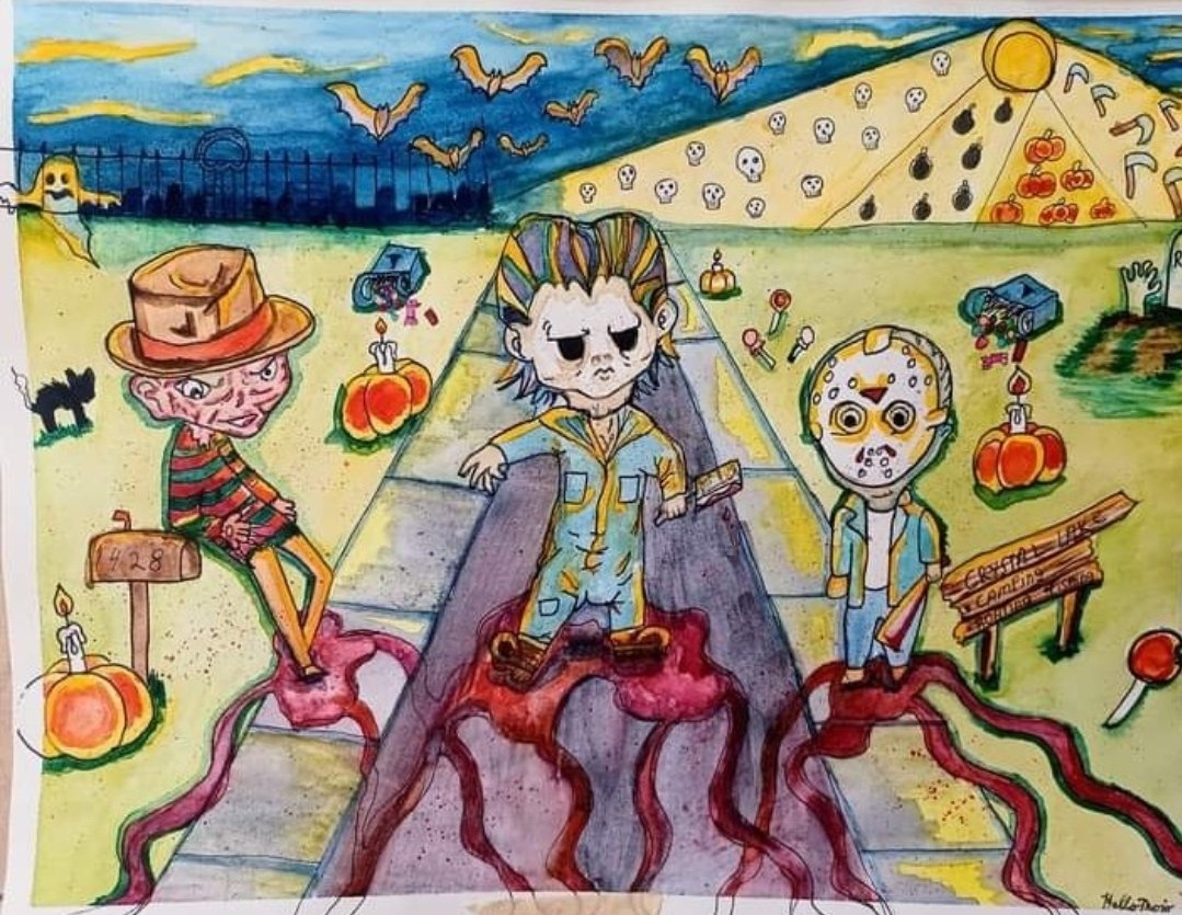 We're over halfway to Halloween!  
Maybe I should do a new version of this with even more characters.  🤔 
I dunno. I keep saying I should but then I don't.

#Hellomojoart #Halloween #watercolorpainting #artlife #selftaughtartist #artistwithadhd #traditionalart #artmoots #arttwt