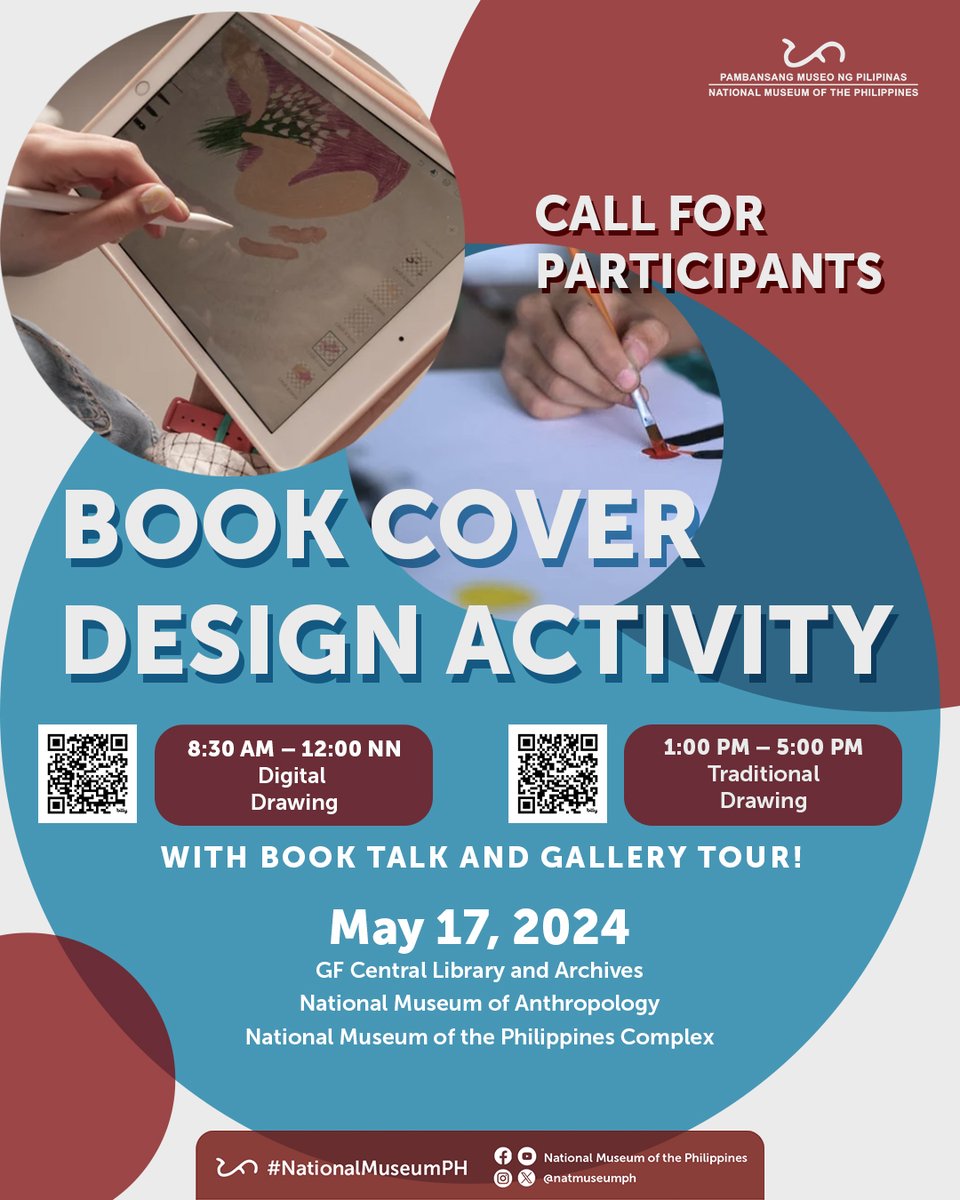 Get ready to unleash your talent & creativity! The NMP invites all art enthusiasts to participate in the Book Cover Design Activity on 17 May 2024, at the Central Library and Archives of the National Museum of Anthropology! Scan the QR code for more details! #NationalMuseumPH