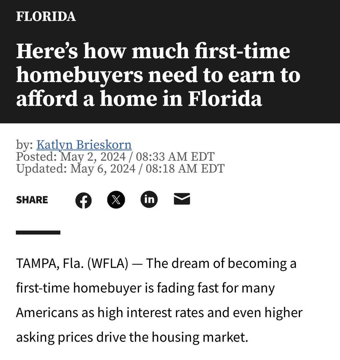 In Tampa Bay, a first-time homebuyer would need to earn $106,116 a year to afford the median home sale price of $361,177. However, the median household income is just $69,290. We need action on affordable housing NOW!

#AffordableHousing #FoxForCongress #Florida…