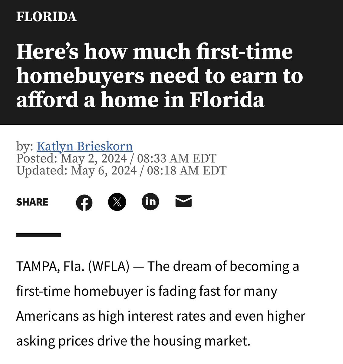 whitfox's tweet photo. In Tampa Bay, a first-time homebuyer would need to earn $106,116 a year to afford the median home sale price of $361,177. However, the median household income is just $69,290. We need action on affordable housing NOW!

#AffordableHousing #FoxForCongress #Florida

https://t.co/YA7FQkroB7