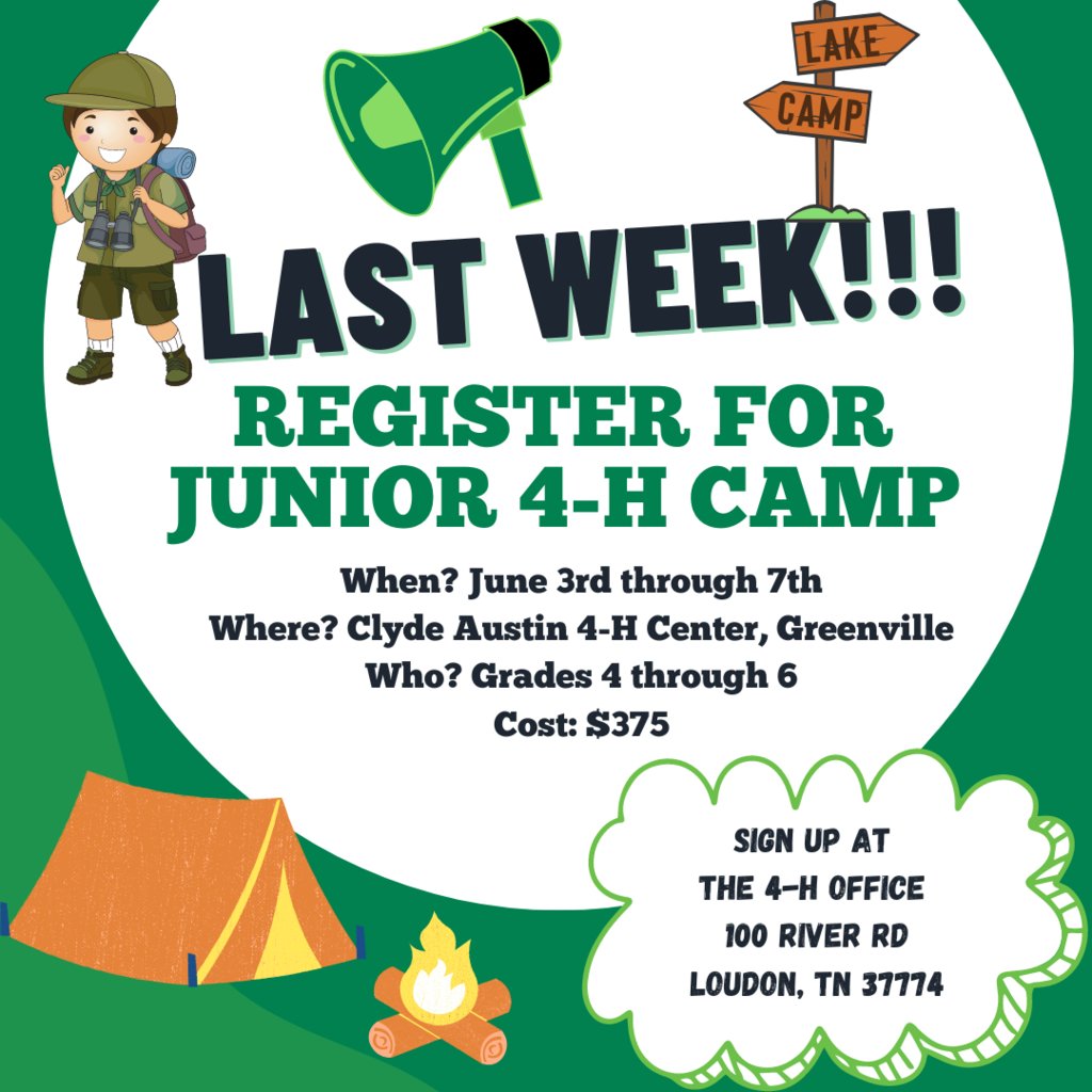 Attention FOURTH (4th) through SIXTH (6th) graders! We still have spots left for 4-H Summer Camp. If finances are an issue, please reach out to me via email. Elizabeth Jackson elizabeth.jackson@utk.edu