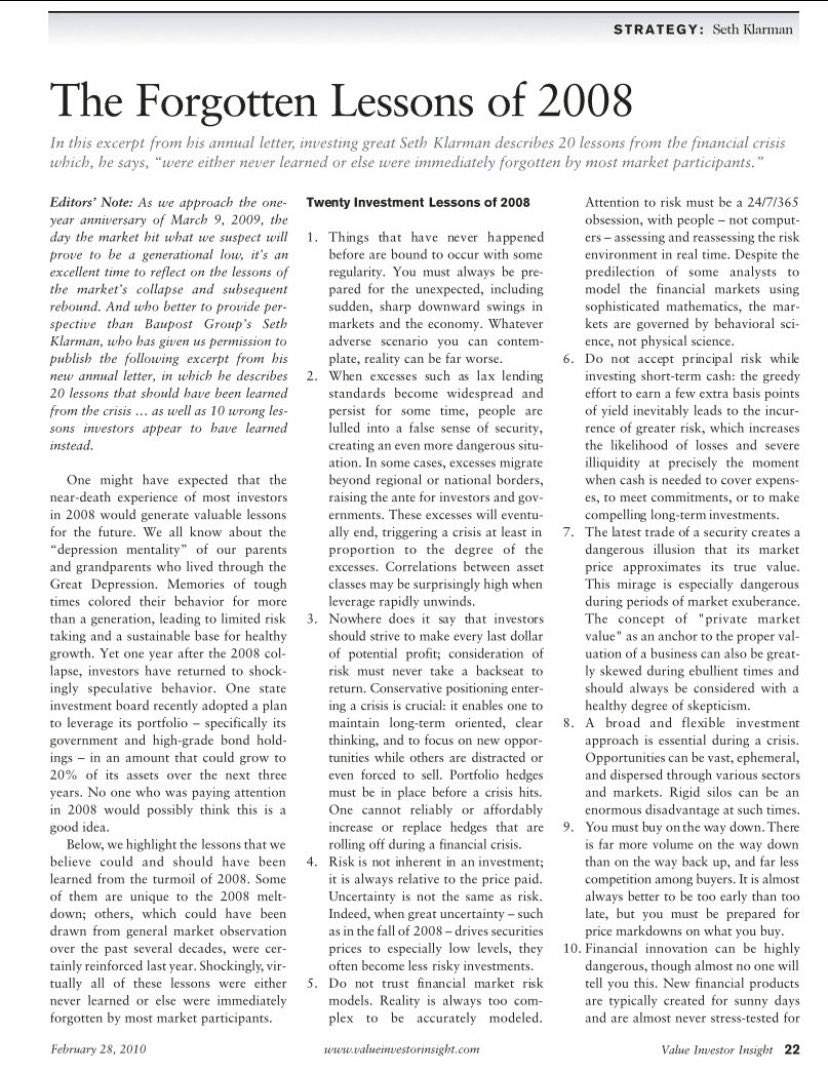 F_Compounders's tweet photo. The Forgotten Lessons of 2008 by Seth Klarman of Baupost Group. https://t.co/Jpxh6OaZnI