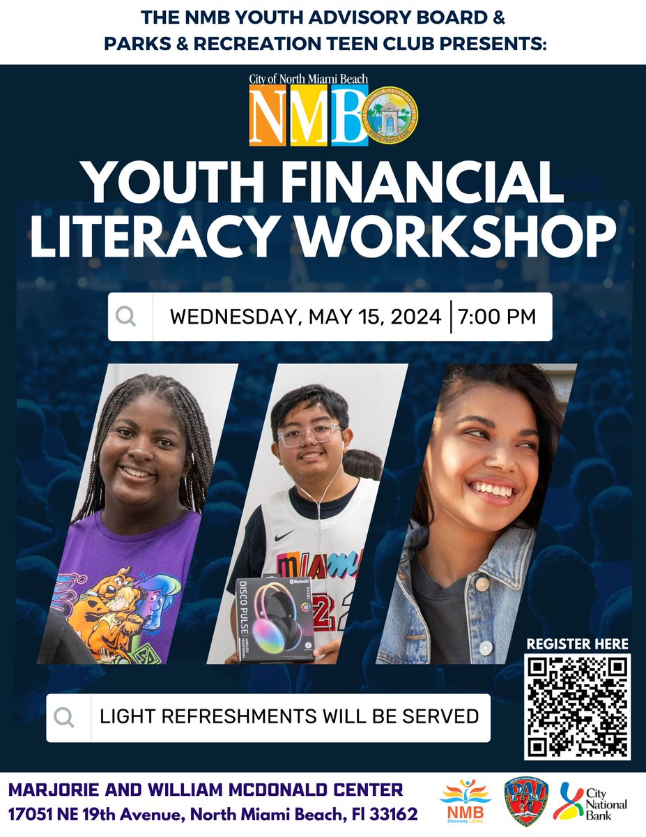 Join us for a Youth Financial Literacy Workshop on Wednesday, May 15th, 7pm. Learn budgeting, saving, & credit management skills. Connect with peers & experts. Light refreshments provided. Don't miss out! See you there! #FinancialLiteracy #YouthEmpowerment