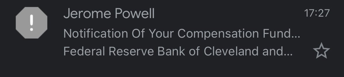FED başkanı Powell mail atmış Kredi kartı borcunu öde diyor. 

Bu tarz maillere inanıp kredi kartı bilgisi vermeyin. 

Bunun şu kadar kripto para yolladım tıkla gibisinden olanları da var düşman başına