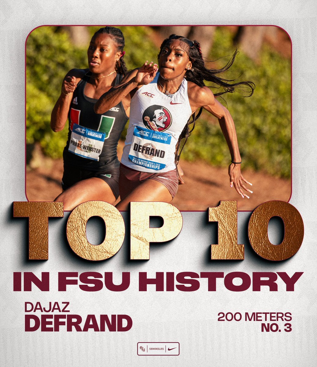 𝐎𝐧𝐞 𝐨𝐟 𝐚 𝐤𝐢𝐧𝐝!! Dajaz DeFrand makes her way to No. 3 all-time in FSU history after her lifetime performance in the 200 meters (22.49) at the ACC Championship! #OneTribe | #GoNoles