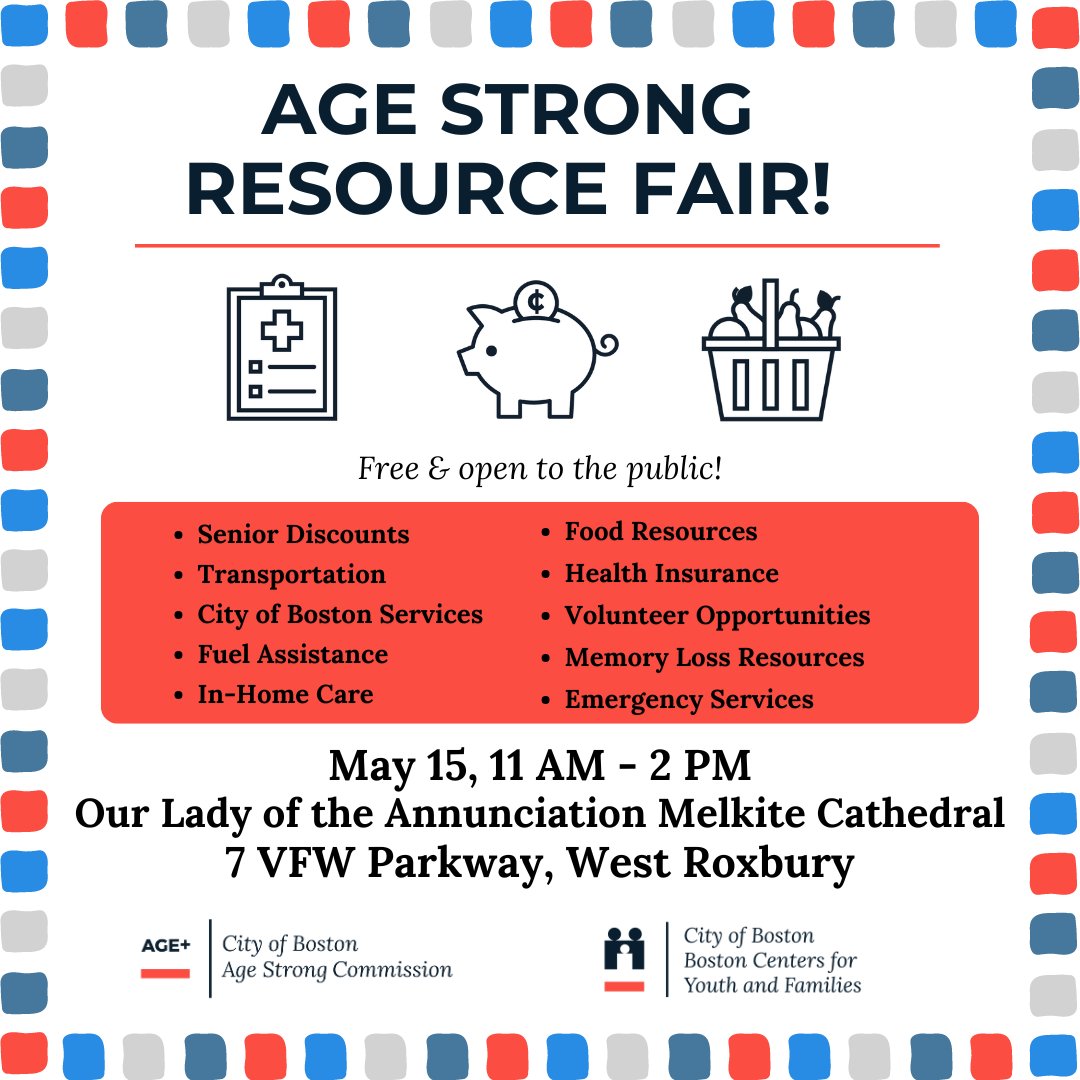 Join us at our FREE upcoming resource fair at the Our Lady of the Annunciation in West Roxbury from 11-2 on May 15! Get connected with a variety of benefits, enter a raffle with prizes from local businesses, and more! To RSVP, call 617-635-4366 or visit bit.ly/AgeStrongResou…