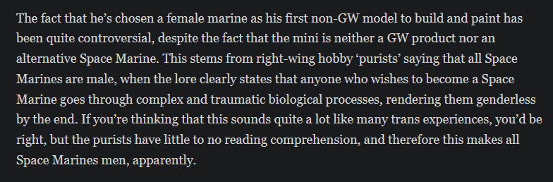 It says a lot when notorious woke rag the Wargamer had to correct Polygon and other woke tourists about John Blanche's Trench Crusade marine model last year. But what makes it more hilarious is their attempt to spin fact about Space Marines only being men as 'right-wing