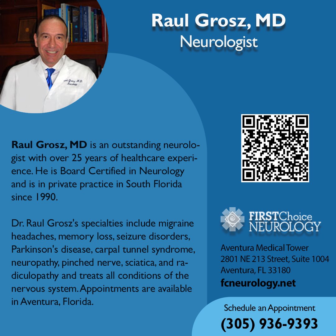 𝗠𝗲𝗱𝗶𝗰𝗮𝗹 𝗠𝗼𝗻𝗱𝗮𝘆 𝘄𝗶𝘁𝗵 𝗗𝗿. 𝗥𝗮𝘂𝗹 𝗚𝗿𝗼𝘀𝘇 His specialties include #migraine, #memory loss, #seizures, #Parkinsons, #carpaltunnel, #neuropathy, #sciatica, and more. Scan the QR code to learn more. #aventurafl #aventuraneurologist #southflorida #raulgroszmd