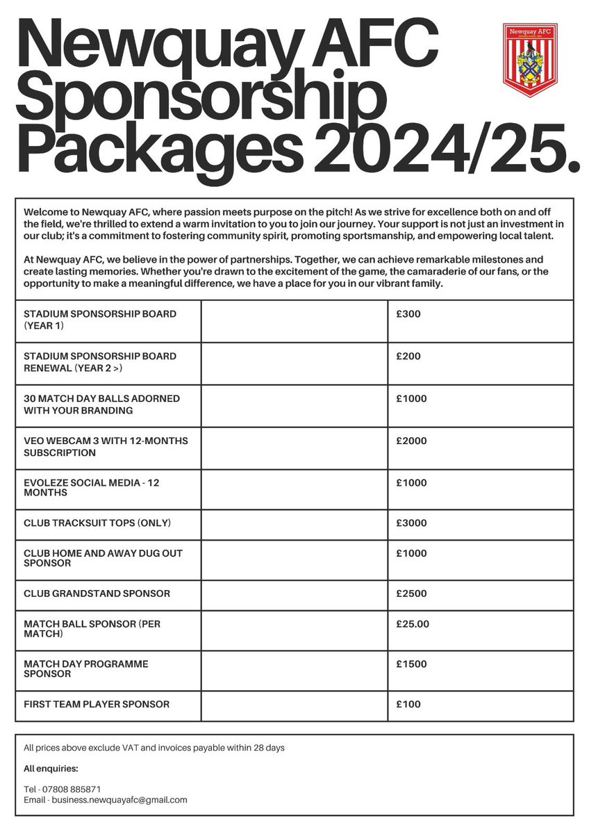 Newquay AFC (@newquay_afc) on Twitter photo CLUB ANNOUNCEMENT
Newquay AFC are looking for sponsorship for 2024/25 season. Get your businesses involved advertising it to thousands of fans all over cornwall!!
Please email business.newquayafc@gmail.com if interested
๐READ BELOW๐ CLUB ANNOUNCEMENT
Newquay AFC are looking for sponsorship for 2024/25 season. Get your businesses involved advertising it to thousands of fans all over cornwall!!
Please email business.newquayafc@gmail.com if interested
๐READ BELOW๐