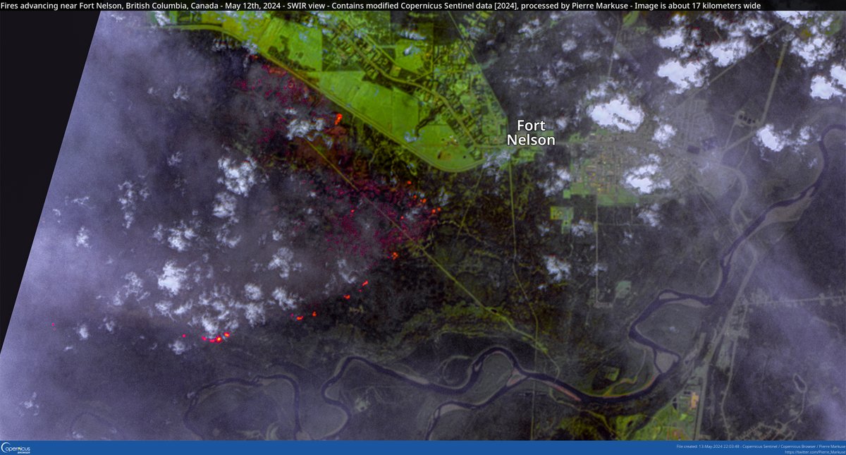 🟠 Fires🔥 advancing near Fort Nelson, #BritishColumbia, #Canada 🇨🇦 May 12th, 2024 #Copernicus🇪🇺 #Sentinel-2🛰️ Full-size ▶️ flic.kr/p/2pR26yw #OpenData #SciComm #RemoteSensing Image is about 17 kilometers wide #FortNelson #fire #wildfire #BCFire