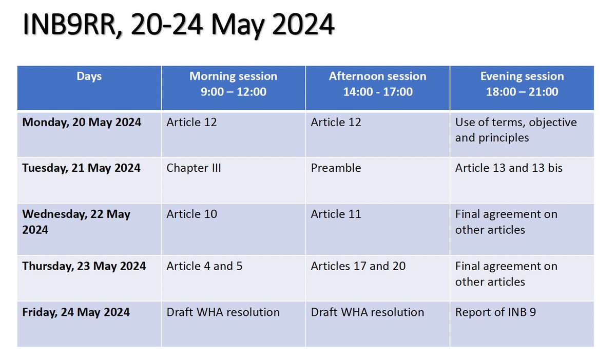 🚨The #PandemicAccord Intergovernmental Negotiating Body Bureau proposed resumed negotiations from 21 - 24 May. 🏁They would meet 3 x 3 hours daily to finish in time for the World Health Assembly in May. 🔎They will hold a stakeholder briefing on 15 May from 13:00-15:00 CET.