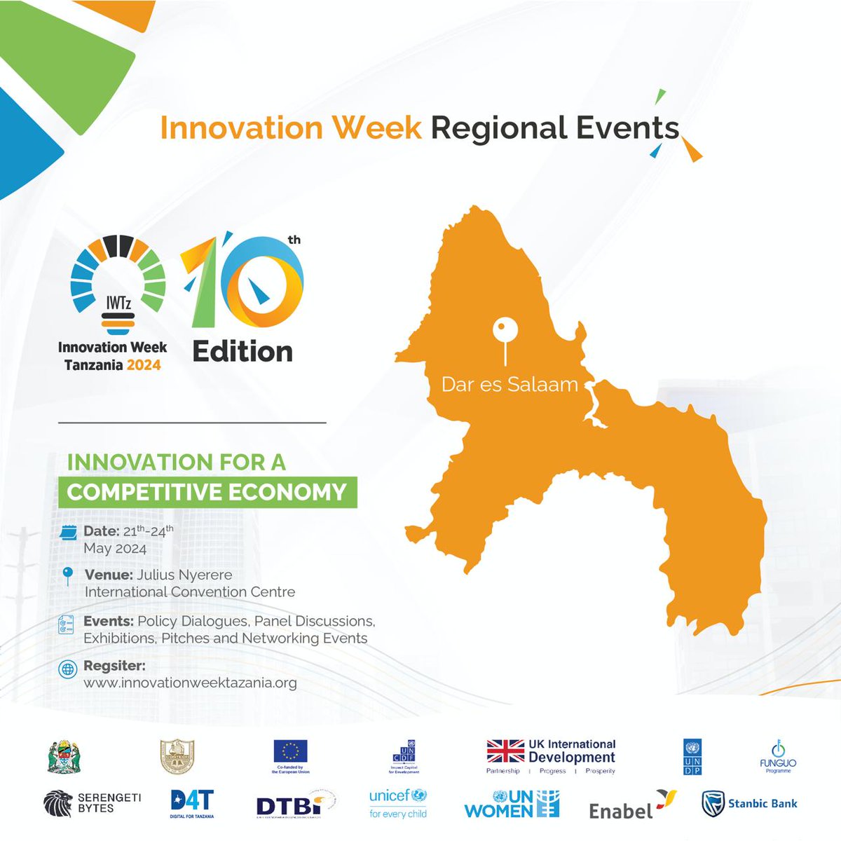 Innovation Week Tanzania 2024 will be taking place in Dar es Salaam from May 21st to May 24th, 2024, at the Julius Nyerere International Convention Centre! Come join us for policy dialogues, panel discussions, exhibitions, and networking opportunities! #innovation #IWTz2024