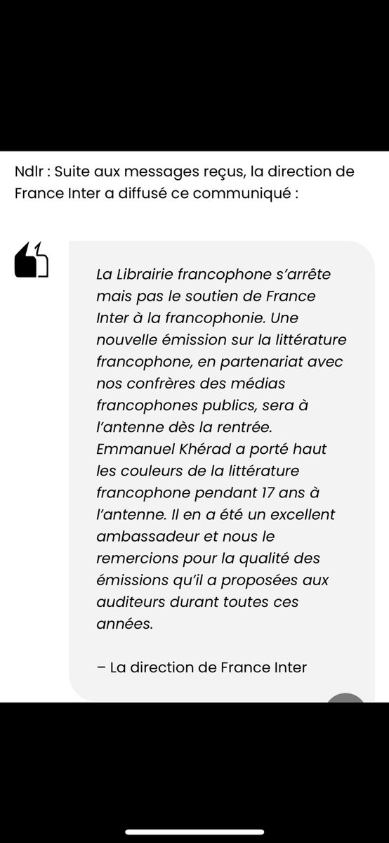 Traduisons la direction de @franceinter : @EmmanuelKherad est formidable depuis 17 ans donc 'nous le remercions'... bref, on le vire quoi.