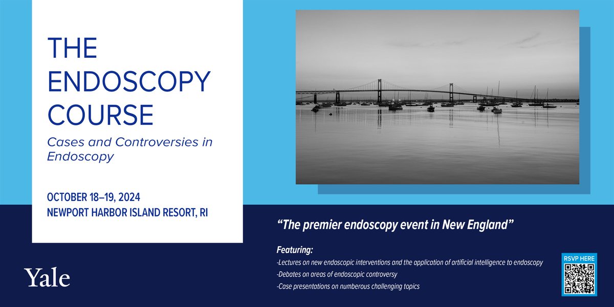 Please join us for our 11th Annual Endoscopy course in beautiful Newport - October 18-19, 2024 with an all-star lineup of speakers organized by @PriyaJamidar & @JohnSaltzman of @BrighamGI. Scan the QR code to register for this dynamic event. @YaleCME