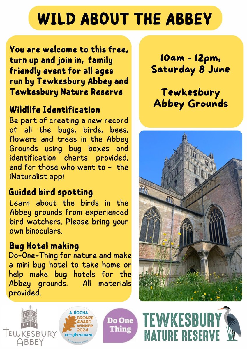 Save the date 😊@TewkesAbbey Ecochurch group with @TewkesburyNR is running this free, all-age, turn up and join in event as part of #churchescountonnature & #greatbiggreenweek. You are welcome. @GlosDioc @TewkesburyNR @CateCodyEco @Nickduffdavies @HannahBarraclo8 @bptewkesbury