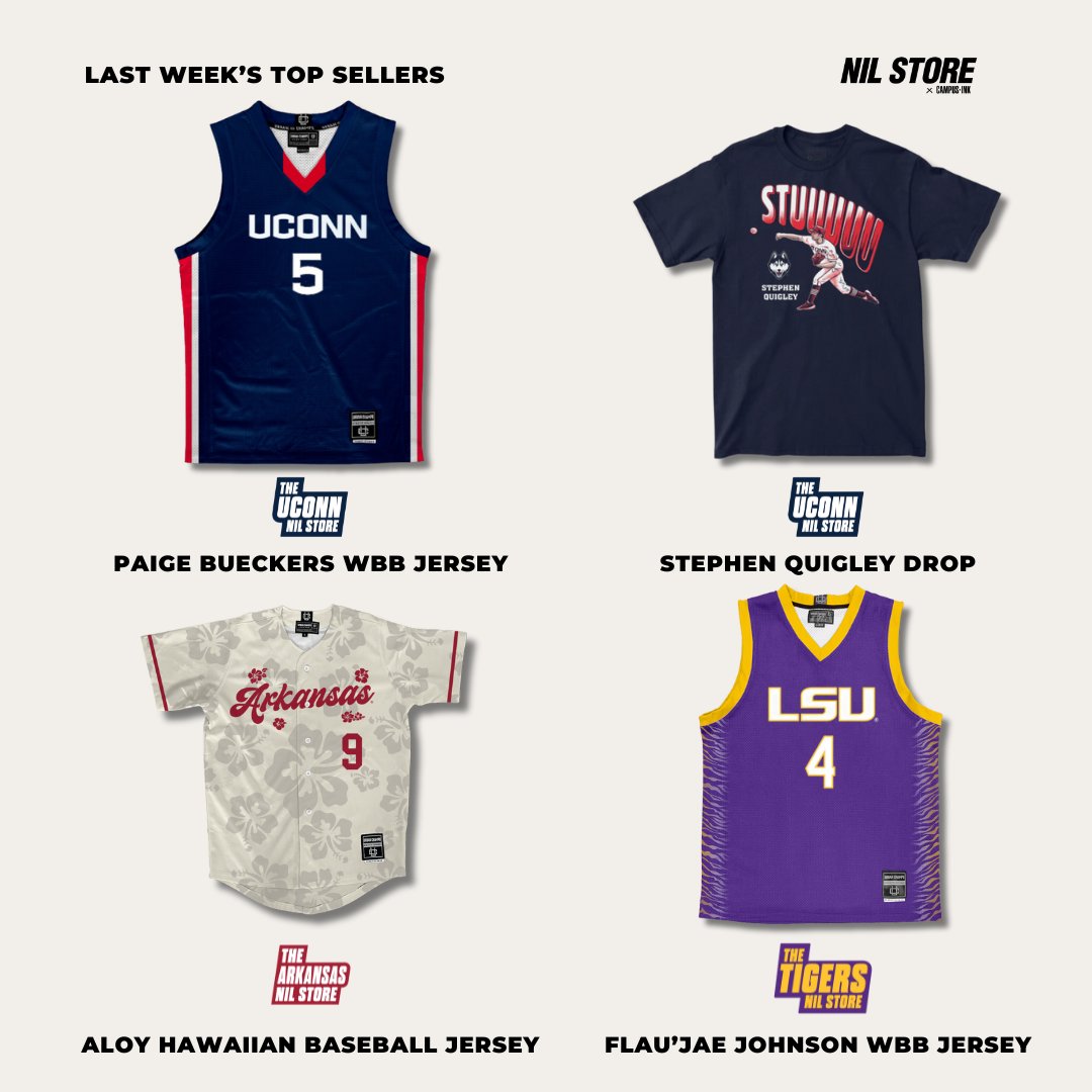 Top Sellers from Last Week! 🤩 1. @UConnNILStore Paige Bueckers Navy WBB Jersey 2. @UConnNILStore Stephen Quigley Exclusive Drop 3. @ArkansasNIL Aloy Hawaiian Baseball Jersey 4. @LSUNILStore Flau'jae Johnson WBB Jersey Did you purchase any of these items?