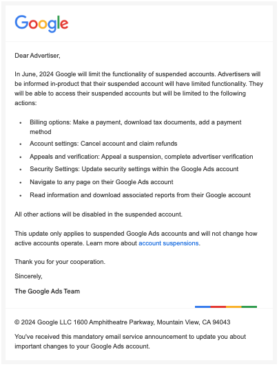 Update To Google Ads Suspended Accounts. 

#PPCchat