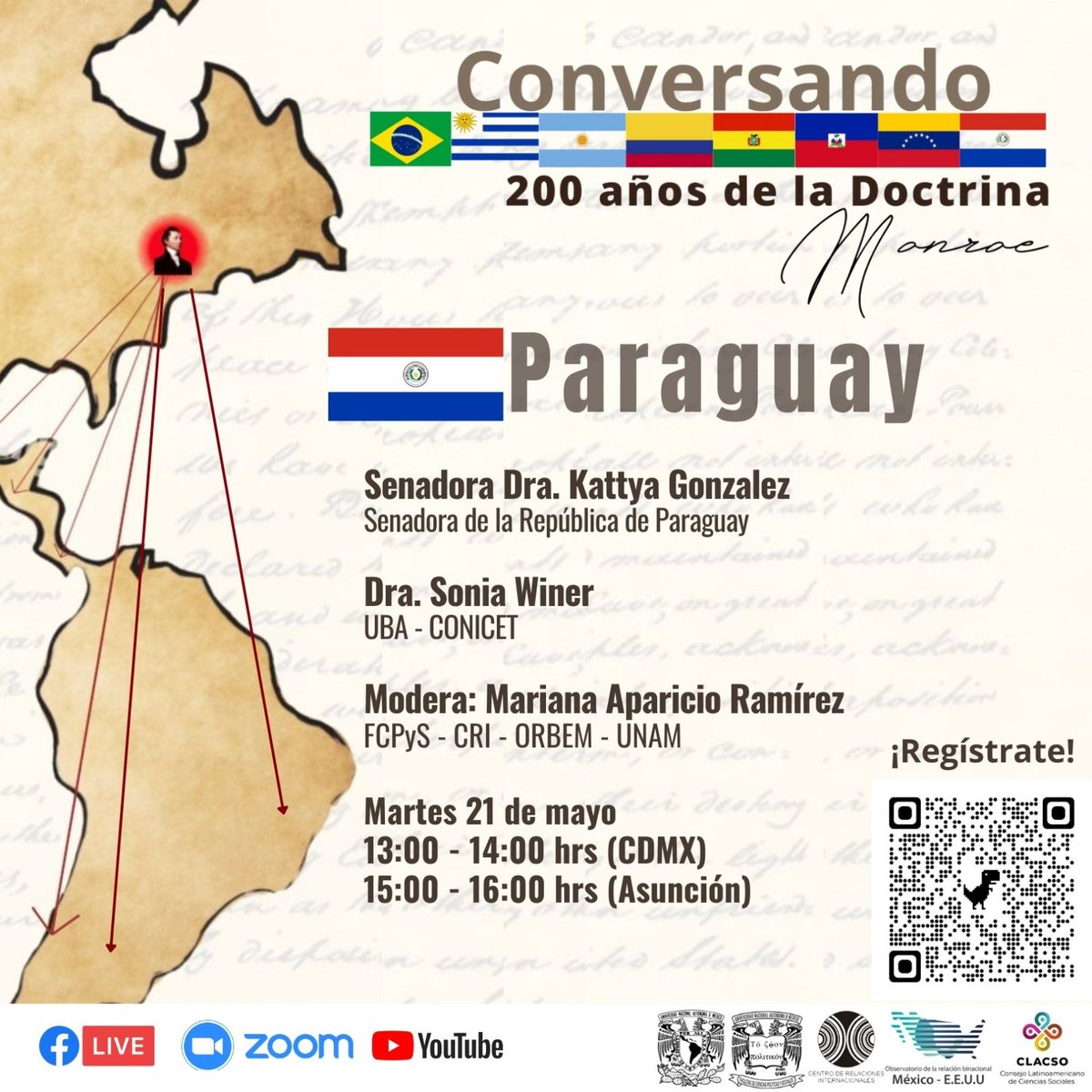 UNAM_FCPyS's tweet photo. 🗣 Conversando 200 años de la Doctrina Monroe - Paraguay
🗓 21 de mayo de 2024
⏰ 13:00 hrs. Méx.
⏰ 15:00 hrs. Asunción
📝Registro https://t.co/HXAbnhxHMA
📽 Transmisión
https://t.co/HEZr7ReTkX
@cri_fcpys
@obs_ORBEM
|| #CRI #ORBEM #FCPyS #UNAMOS https://t.co/vs7FqWOkoO