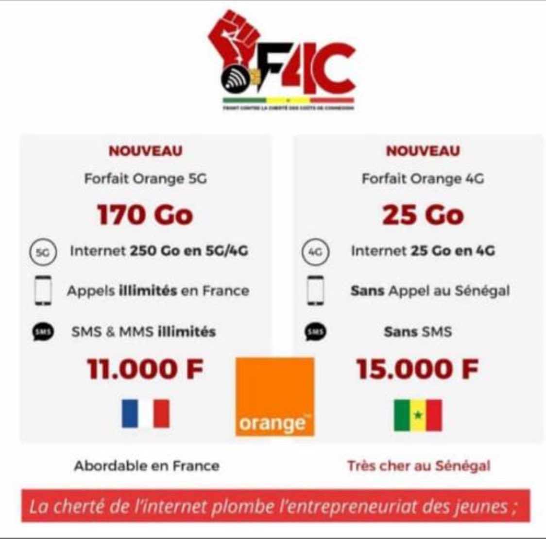 Le combat de F4C est le combat de tous les Sénégalais. Trop c’est trop orange doit nous respecter.
@orange 
@_FreeSenegal