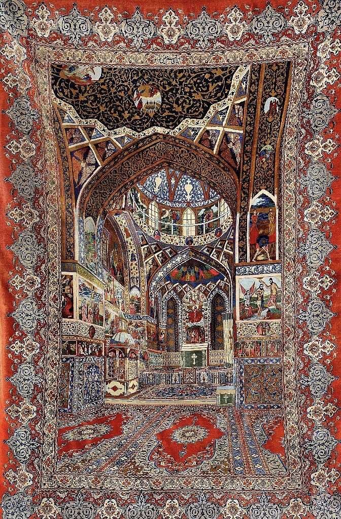 Persian silk carpet from the 19th century. It depicts the Holy Savior Cathedral (also known as the Vank Cathedral or Kelisa-ye Vank), a centuries-old church in the Armenian quarter of Isfahan, central Iran.