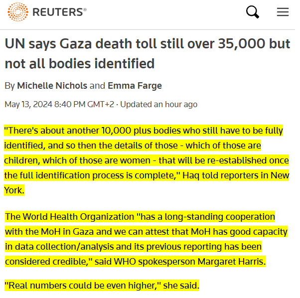 this depraved lie about the UN 'halving the number of those killed' originated with the same Israeli propaganda rag that said killed Palestinian babies were actually dolls, and 'verified' the 40 beheaded babies hoax. Joe Scarborough laundered it. Reuters now confirms it's a lie: