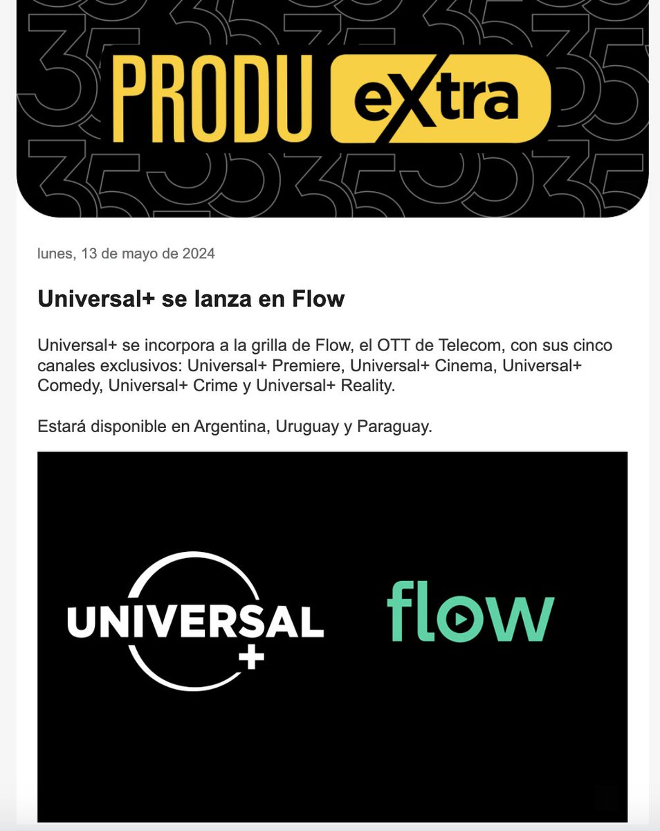 #PRODUextra: @UniversalPlus se lanza en @Flow_ar. 

Más info: ow.ly/AAlU50RESwr