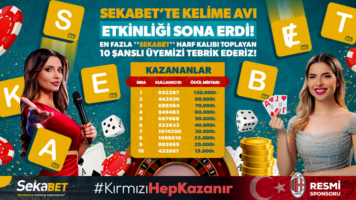 🛑 KELİME AVI ETKİNLİĞİ SONA ERDİ! 🎉 En fazla ''SEKABET'' harf kalıbı toplayan 10 şanslı üyemizi tebrik ederiz. 👏 🙏 Katılımları için tüm üyelerimize teşekkür ederiz. 🌠 Birbirinden özel turnuvalar için bize katıl - t2m.io/sekatw24