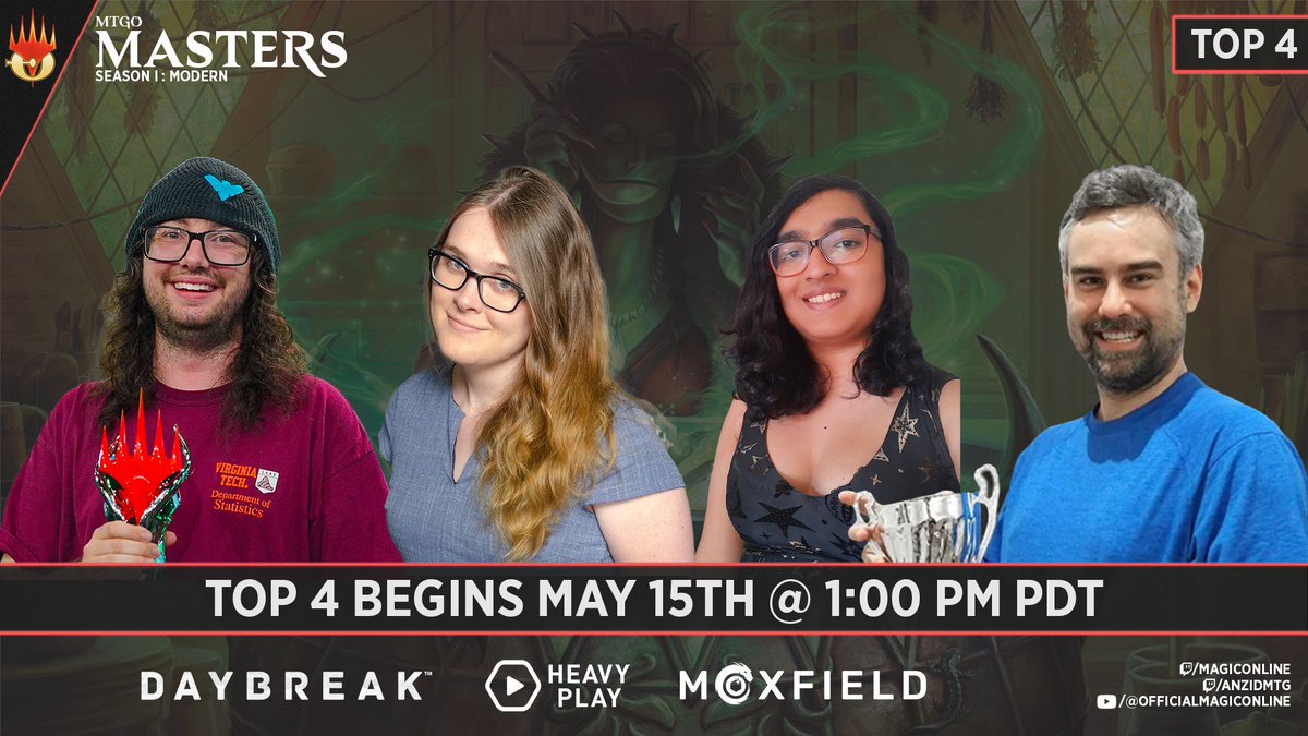 The season's final show. Four competitors. One champion. 🔸 Top 4 🔹 @Em_TeeGee 🔹 @hogpog_98 🔹 @makememesnotwar 🔹 @Walaoumpa Wednesday, 1pm PST at: twitch.tv/magiconline twitch.tv/anzidmtg