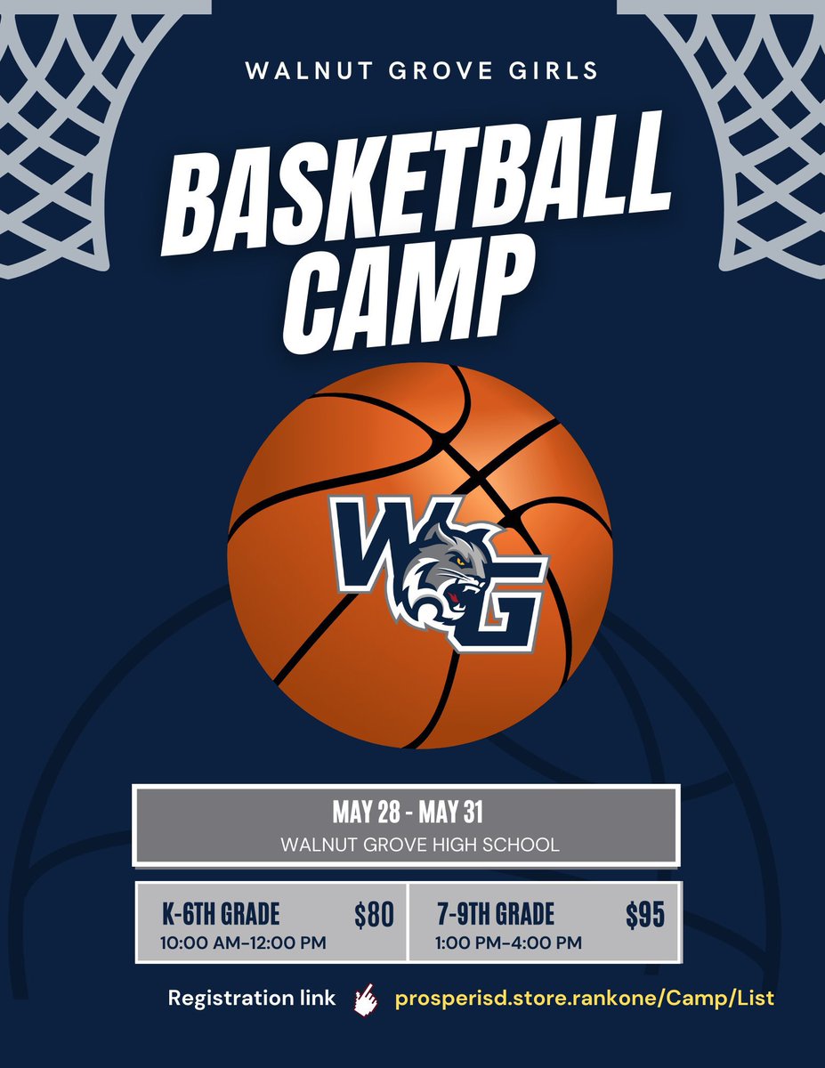 IT’S ALMOST THAT TIME!! 🤩🏀 It’s not too late to signed up for our upcoming basketball camp May 28th - 31st @ Walnut Grove High School prosperisd.store.rankone.com/Camp/List We can’t wait to see you there!!