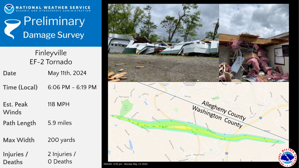 All the surveys are done. Here is the information from the Finleyville tornado that touched down last Saturday in Washington county PA.