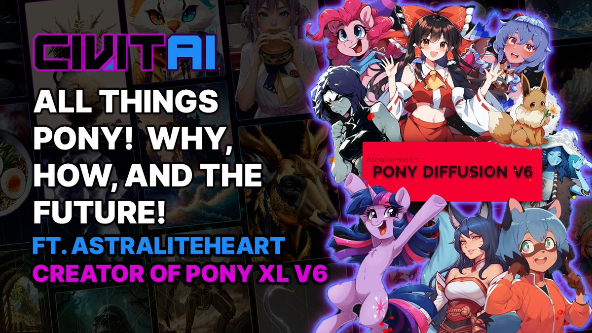 HelloCivitai's tweet photo. Don't miss a very special Guest Creator stream tomorrow w/ the one and only @AstraliteHeart, creator of Pony Diffusion V6 XL!  We will be discussing the why, how, and the future of the model!

5/14
2pm est / 6pm UTC
https://t.co/F5unRogeoa https://t.co/OqgG6nW1Mo