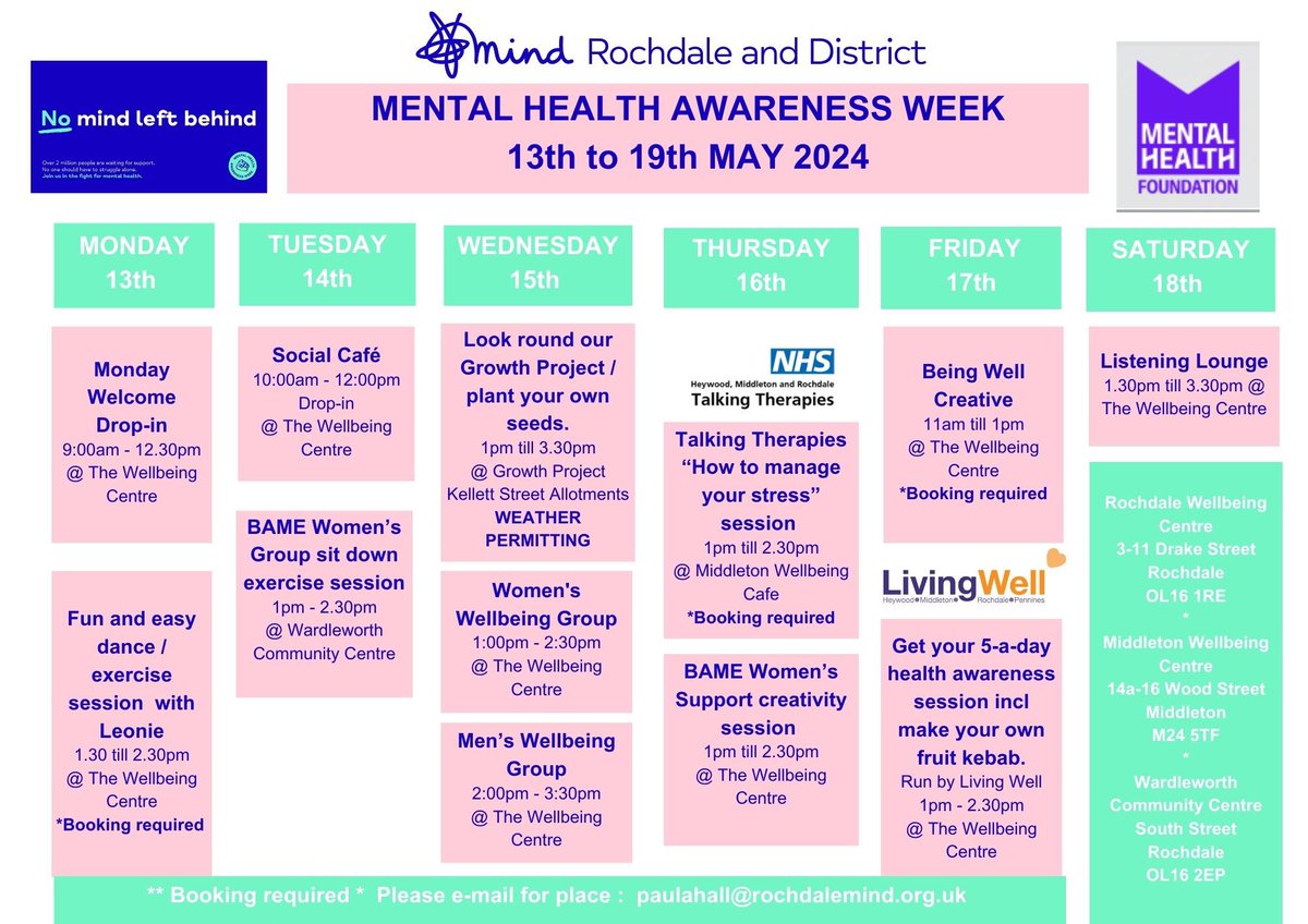 Let’s remember the importance of Mental Health Awareness Week 2024. Let's break the stigma, support each other, and prioritise self-care. See activities below available through <a href="/RochdaleMind/">Rochdale and District Mind</a> #MentalHealthAwarenessWeek #BreakTheStigma #SelfCare