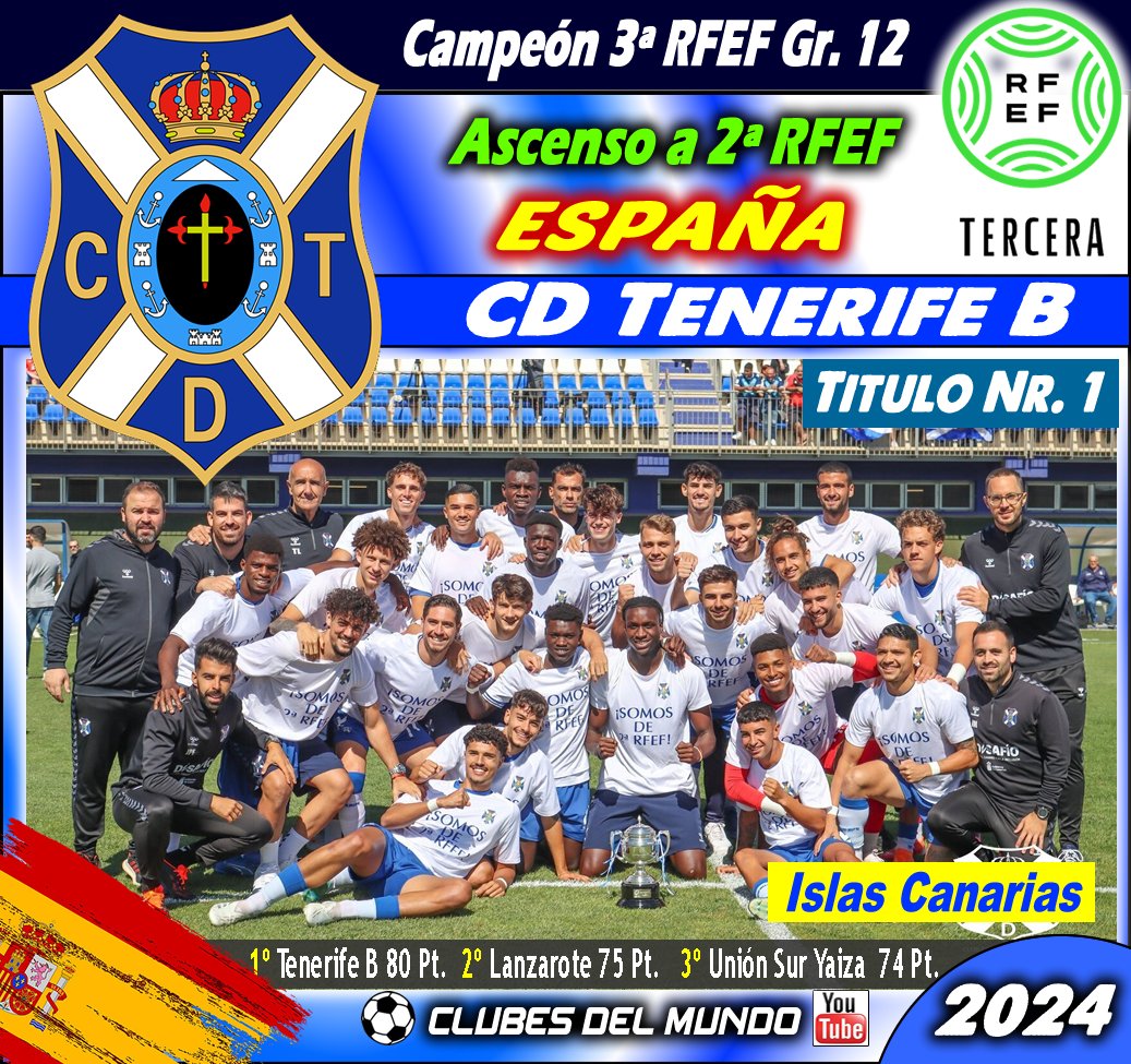 El Filial del CD TENERIFE se proclama Campeón del Grupo Canario de la 3ª  RFEF y logra ascender a la 2ª RFEF ESPAÑOLA. Enhorabuena a los  Chicharreros.

#CDTenerifeB #Tenerife #Canarias  #TerceraRFEF #RFEF3 #SegundaRFEF  #RFEF2 #TerceraFederacion #SegundaFederacion

@CdtCantera