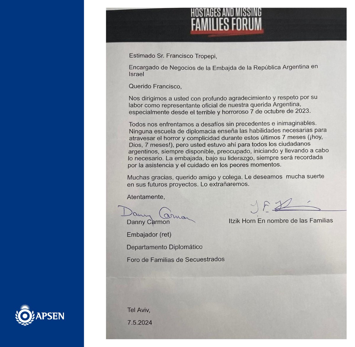 Nos complace anunciar el reconocimiento otorgado al Encargado de Negocios de la Embajada de la República Argentina en Israel, Francisco Tropepi, por su destacada labor en la gestión de crisis de rehenes en Israel.