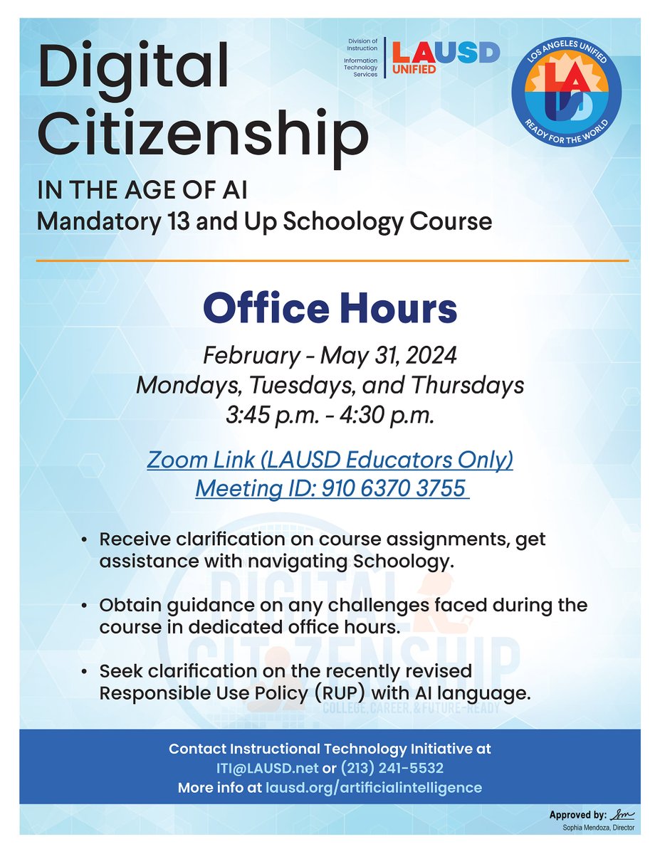 ATTN @LASchools, are you aware there is a mandatory course for students 13+ to learn about Digital Citizenship in the Age of Artificial Intelligence?

Office hours available on Mondays, Tuesdays & Thursdays 3:45-4:30p.m. for questions.

Find resources at: lausd.org/artificialinte…