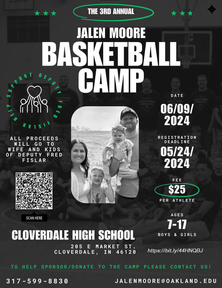 WE BACK!!! The 3rd annual Jalen Moore Basketball Camp is on 6/9/2024 ages 7-17 from 12-4pm This camp is a little more special to me as we honor Deputy Fred Fislar. Each kid will be $25 as we will donate all the proceeds to the wife and kids of Deupty Fislar 💚 LINK IN MY BIO!!!