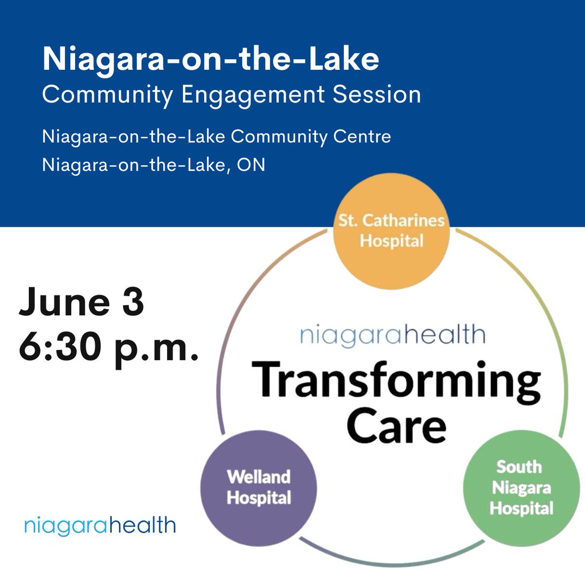 📣New date scheduled for the Niagara-on-the-Lake community event! Join us on June 3 at 6:30 p.m. as we discuss our plan to transform our hospital buildings and how we provide care: niagarahealth.on.ca/site/our-futur… Watch live here: youtube.com/watch?v=hP9sGJ…