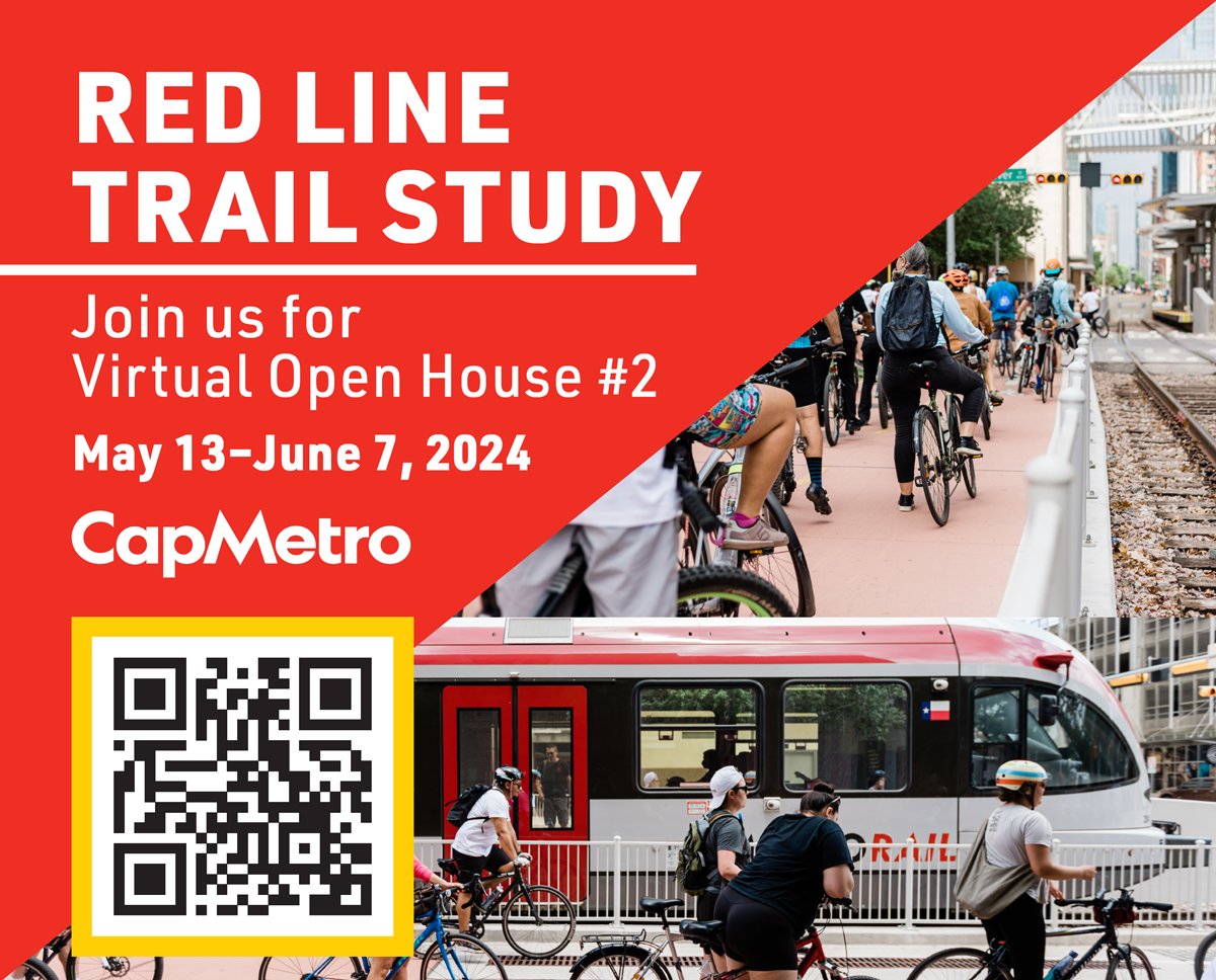 .@CapMetroATX brings you the Red Line Trail Study's 2nd Virtual Open House! Learn about preliminary possibilities for a trail within CapMetro’s Rail Right-of-Way in Austin, Cedar Park, & Leander. Share your input to inform future trail planning by June 7: bit.ly/RLT_Study2