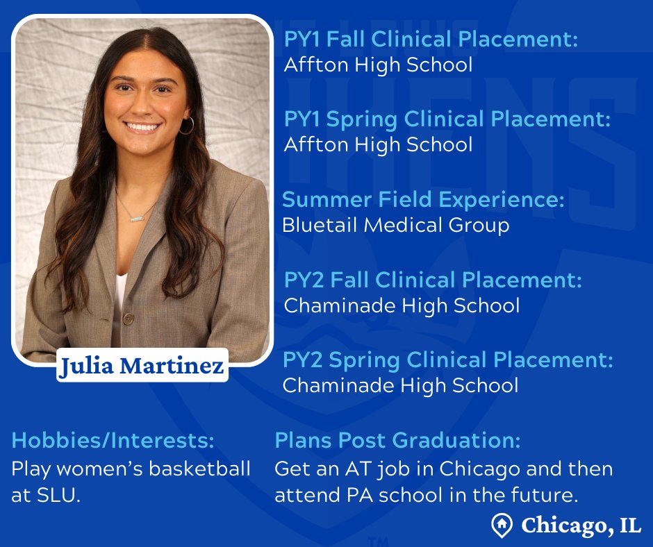 Get to Know Our Graduates!
.
.
Clinical Experience Highlight: I’ve been able to observe regenerative treatments such as bone marrow stem cell and platelet rich plasma injections!
- Julia Martinez (MAT Class of 2024)
#DCHSlife #SLUAT